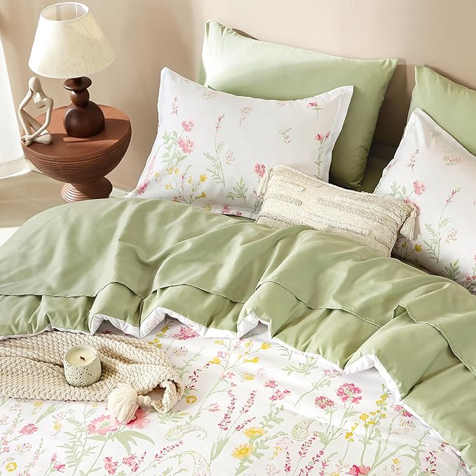 Yiran 7 Piece Pink Green Floral Comforter Set Queen Size, Cute Botanical Comforters Cottagecore Flower Bed in a Bag Soft Complete Farmhouse Bedding Set with Sheets for All Season