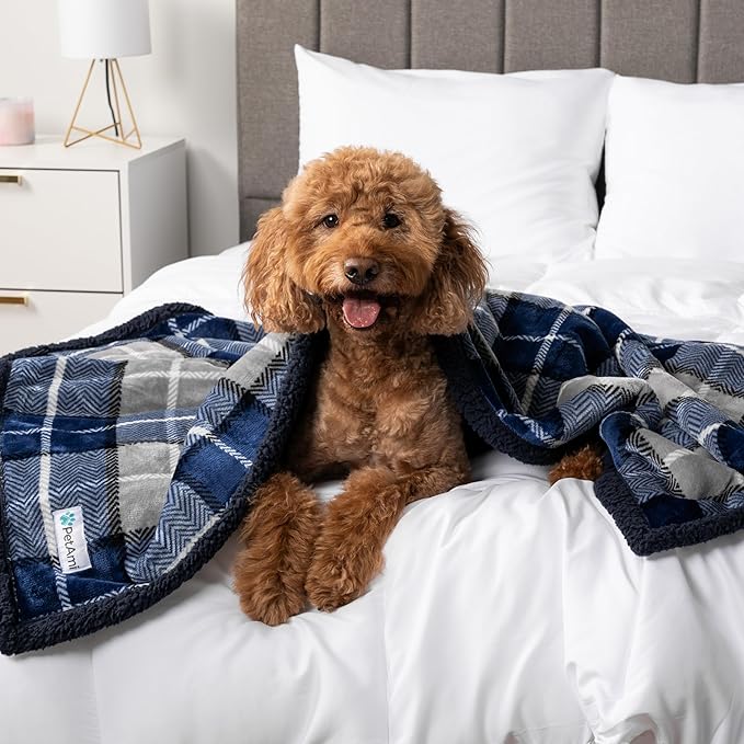 PetAmi Waterproof Dog Blanket for Small Medium Dog Puppy Cat Throw for Couch Cover Leakproof Protection, Sherpa Fleece, Reversible Soft Washable 29x40 Plaid Navy Blue
