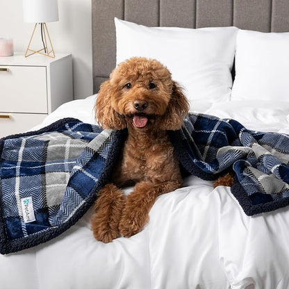 PetAmi Waterproof Dog Blanket for Small Medium Dog Puppy Cat Throw for Couch Cover Leakproof Protection, Sherpa Fleece, Reversible Soft Washable 29x40 Plaid Navy Blue