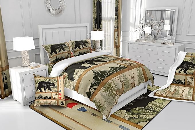Farmhouse Hunting Bear Comforter Set Queen Size, Lake House Decor Bedding, Retro Woodland Lake Paddle Down Comforter, Deer Moose Wildlife Duvet Insert, Rustic Buffalo Grid Quilt Cabin Lodge Decor