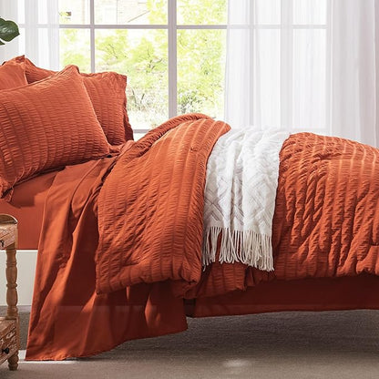 Zzlpp Full Comforter Set 7 pieces, Burnt Orange Seersucker Bed in a Bag with Sheets, Lightweight Bedding Sets with 1 Comforter, 2 Pillow Shams, 2 Pillowcases, 1 Flat Sheet, 1 Fitted Sheet