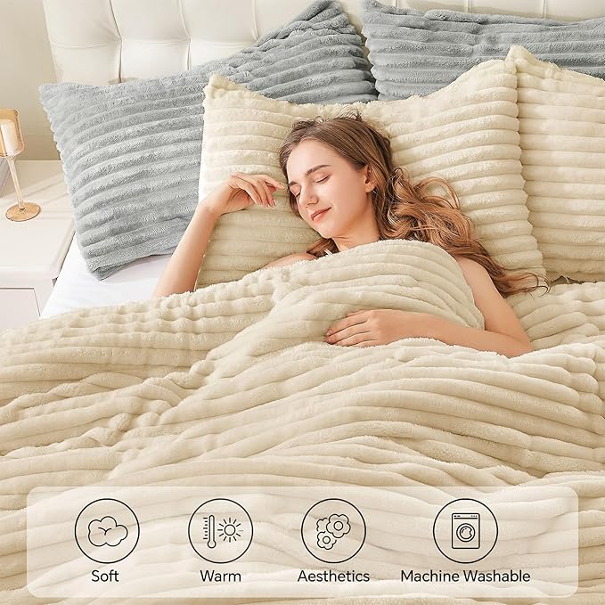 BEDELITE Fleece King Comforter Set -Super Soft & Warm Fluffy Beige Bedding, Luxury Fuzzy Heavy Bed Set for Winter with 2 Pillow Cases