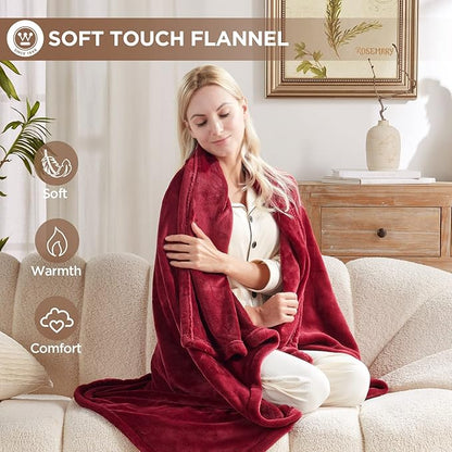 Westinghouse Heated Blanket Throw, Electric Throw with 6 Heating Levels, 2-10 Hours Time Settings, Overheat Protection, Machine Washable, Flannel (Throw, 50x60 Inches, Wine Red)