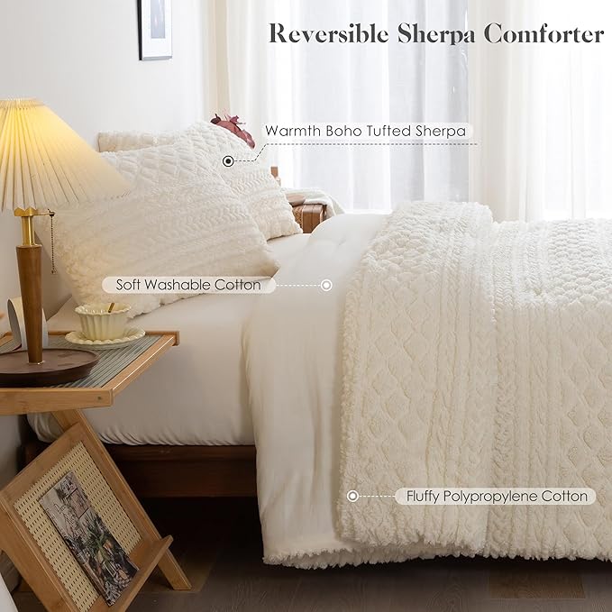 COTTEBED Sherpa Fluffy Comforter Sets KING Size Bed, Boho Tufted Cal KING Bedding Down Comforter, Lightweight Super Soft Reversible Washed Cotton Shabby Plush Fleece Sherpa All Season, Off White Ivory
