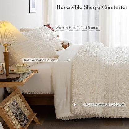 COTTEBED Fluffy Warm Sherpa Comforter Set Twin Bed, Boho Tufted Ultra-Soft Thick Twin XL Size Shabby Plush Bedding Down Comforter Sets for Boy Girl Child College Dorm Winter Christmas, Off White Ivory