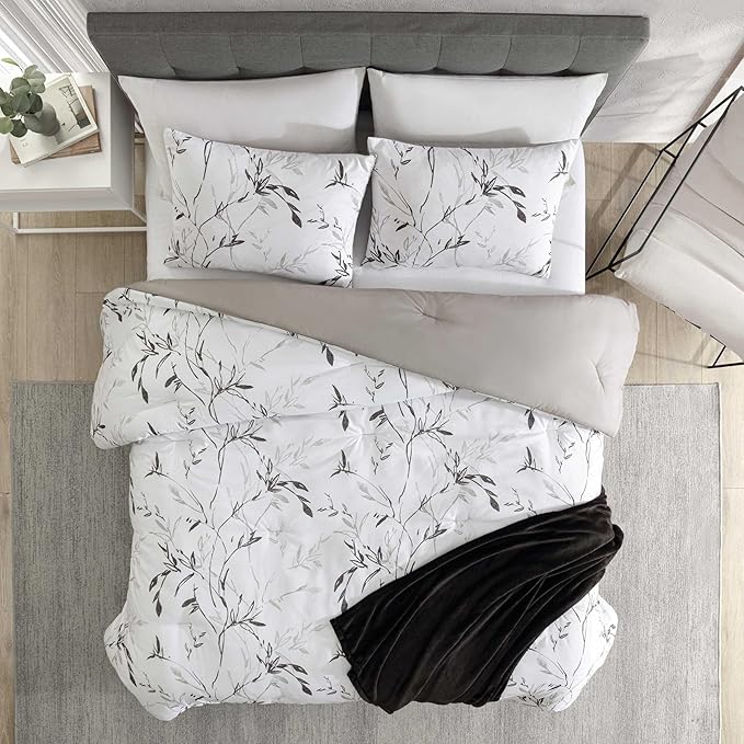 Kenneth Cole - Comforter Set, Super Soft Bedding with Matching Shams & Bonus Throw Blanket, Luxurious Home Decor (Ink Wash Vine Charcoal, Queen)