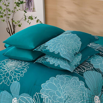 Yiran Queen Comforter Set Teal Bed in a Bag Floral Comforter Sets Soft Microfiber Boho Bedding Sets for All Season,7 Piece,90"×90"
