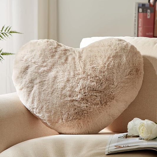 YRXRUS Heart Pillows, Love Heart Shaped Pillow, Small Cute Beige Heart Pillows for Gifts, Faux Rabbit Throw Pillows for Her, Kids, Girls Home Decoration, 10X11 Inch