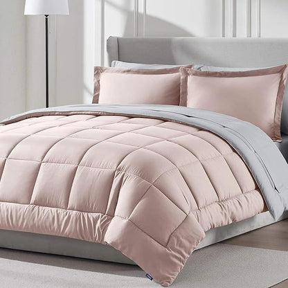 Nestl 7 Piece California King Comforter Set – Blush Pink Reversible Bed in a Bag – Complete Cal King Size Bedding Set with Sheets, Pillowcases and Shams
