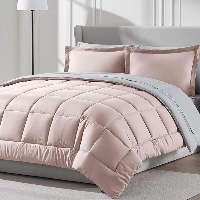 Nestl 7 Piece Queen Comforter Set – Blush Pink Reversible Bed in a Bag – Complete Queen Size Bedding Set with Sheets, Pillowcases and Shams
