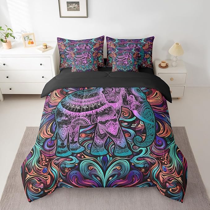 Erosebridal Elephant Queen Size Comforter Set African Animal Theme Bedding Comforter Sets Purple Gradient Bed in a Bag 7pcs Tribal Paisley Bedding Set Jungle Wildlife Bed Set Elephant Decor