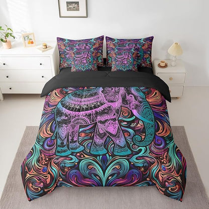 Erosebridal Elephant Twin Comforter Set 7-Piece African Animal Theme Bedding Comforter Sets Purple Gradient Bed in a Bag Tribal Paisley Bedding Set Jungle Wildlife Bed Sheets Set Elephant Decor