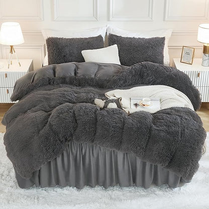 Andency Dark Grey Comforter Set King Size, 3 Pieces Faux Fur Gray Fluffy Fuzzy Plush Bedding Comforter Set, Soft Puffy Comfy Down Alternative Comforter Bed Set