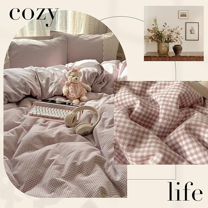 HighBuy Full Comforter Set Purple Gingham Bedding Comforter with Lace Ruffles,Farmhouse Grid Plaid Comforter Set for Girls Women,Fluffy Grid Checkered Pattern Comforter with 2 Pillowcases