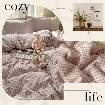 HighBuy Full Comforter Set Purple Gingham Bedding Comforter with Lace Ruffles,Farmhouse Grid Plaid Comforter Set for Girls Women,Fluffy Grid Checkered Pattern Comforter with 2 Pillowcases