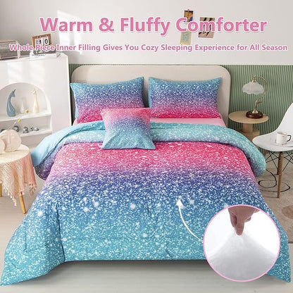 PERFEMET Queen Size Girls Bedding Set 6 Piece Blue Pink Comforter Set Kids Bed in A Bag Colorful Rainbow Glitter Bed Set for Bedroom Decoration Fluffy Tie Dye Teen Girl Bed Comforter Set