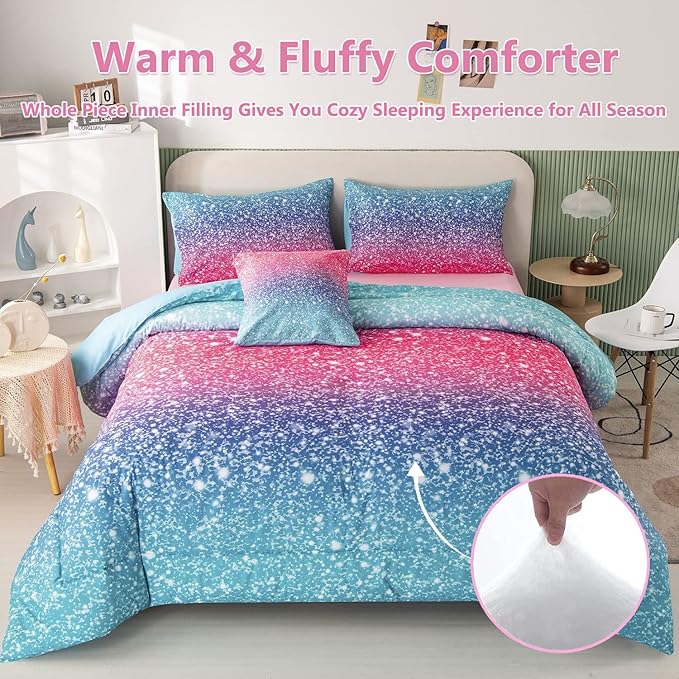 PERFEMET 6Pcs Pink Full Size Comforter Sets for Girls Colorful Rainbow Glitter Kids Bedding Set Sparkly Pastel Ombre Teen Girl Bed in A Bag Comforter Set with Sheets (Pink Blue, Full)