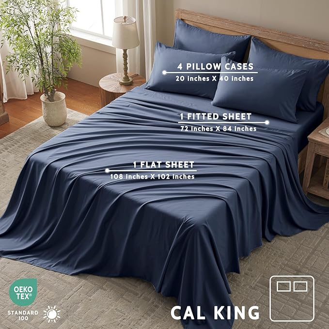 Cal King Size Sheets Set - 6 Piece Luxuriously Soft & Cooling Sheets Cal King Size - Ultra Soft 16" Deep Pocket Cal King Sheet Set - Fitted Sheet & Pillowcase Sets (Cal King Navy Blue)