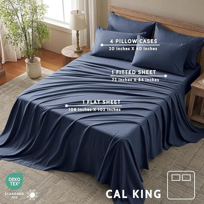 Cal King Size Sheets Set - 6 Piece Luxuriously Soft & Cooling Sheets Cal King Size - Ultra Soft 16" Deep Pocket Cal King Sheet Set - Fitted Sheet & Pillowcase Sets (Cal King Navy Blue)
