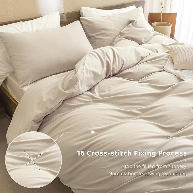 Sanracie Cotton Comforter King Size,Solid Color Bedding Comforter Set Linen Feel Textured 3 Pieces(1 Wheat Bed Comforter + 2 Pillowcases) Soft Lightweight Neutral King Bedding All Season