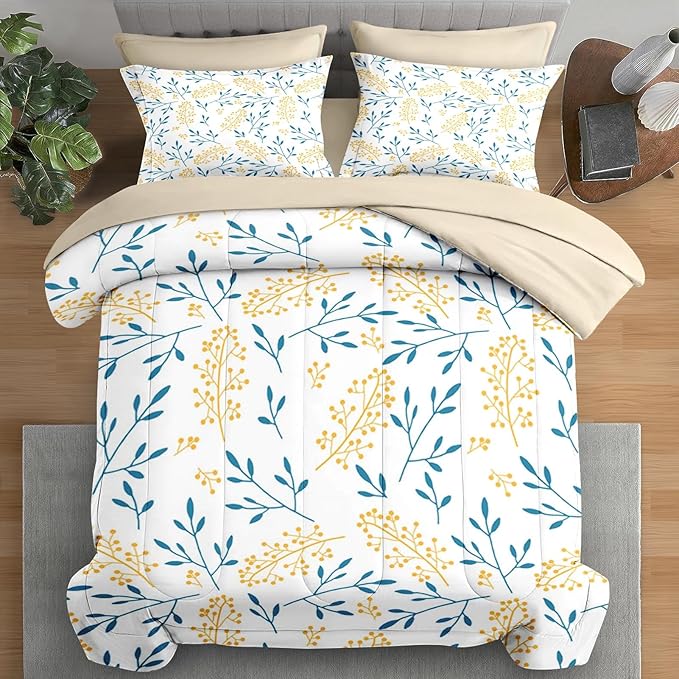 Comforter Set King Size, Floral Yellow Flower 7 Pcs Bedding for Kids and Adults, Blue Leaves Summer Bed Sheet Sets with Fitted Sheet 2 Pillowcases & 2 Shams for Bedroom Bed Decor