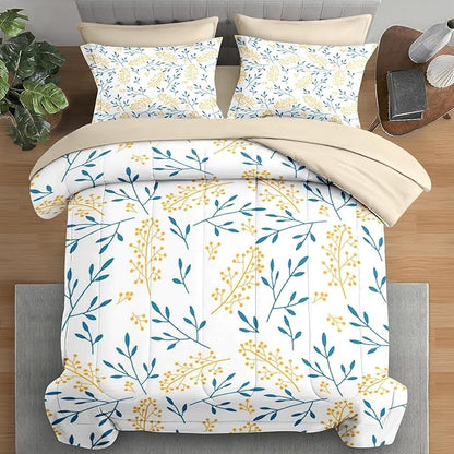 Comforter Set King Size, Floral Yellow Flower 7 Pcs Bedding for Kids and Adults, Blue Leaves Summer Bed Sheet Sets with Fitted Sheet 2 Pillowcases & 2 Shams for Bedroom Bed Decor