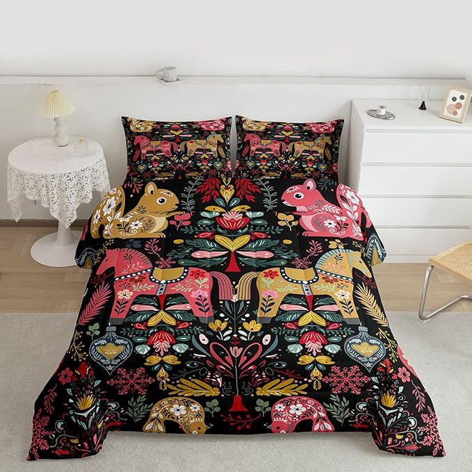 Swedish Dala Horses Comforter Set Queen Size,Farmhouse Floral Bedding Sets 3Pcs for Kids Girls Boys Women Room Decor,Flower Squirrel Bird Quilted Duvet Rustic Bohemian Down Comforter,2 Pillowcases