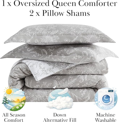 Southshore Fine Living, Inc. Comforter Set Queen Size, Hotel Quality Bedding, Floral Bed Spread with Matching Shams, Reversible Print is 2 Colors in 1, Fits Queen & Full Beds, Winter Brush Grey/White