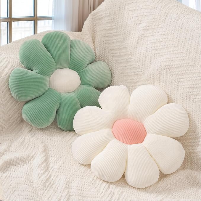 2 Pcs Sage Green Throw Pillow Decorative Flower Pillows for Room Decor, 15" Cute Aesthetic Flower Daisy Shaped Throw Pillows for Bedroom Bed Couch Chair Classroom (White+Green, 15.35 Inch)