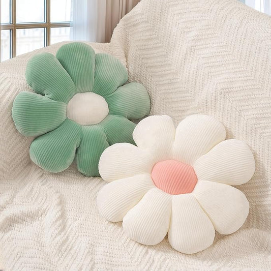 2 Pcs Sage Green Throw Pillow Decorative Flower Pillows for Room Decor, 15" Cute Aesthetic Flower Daisy Shaped Throw Pillows for Bedroom Bed Couch Chair Classroom (White+Green, 15.35 Inch)