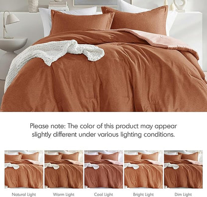 King Size Comforter Set, Lightweight Burnt Orange Soft Bedding for All Seasons, 3 Pieces Chambray Print Solid Farmhouse Bed Set, Comforter & Shams