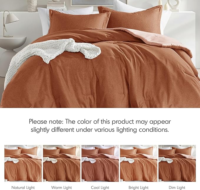 Twin/Twin XL Size Comforter Set, Lightweight Burnt Orange Soft Bedding for All Seasons, 2 Pieces Chambray Print Solid Farmhouse Bed Set, Comforter & Sham