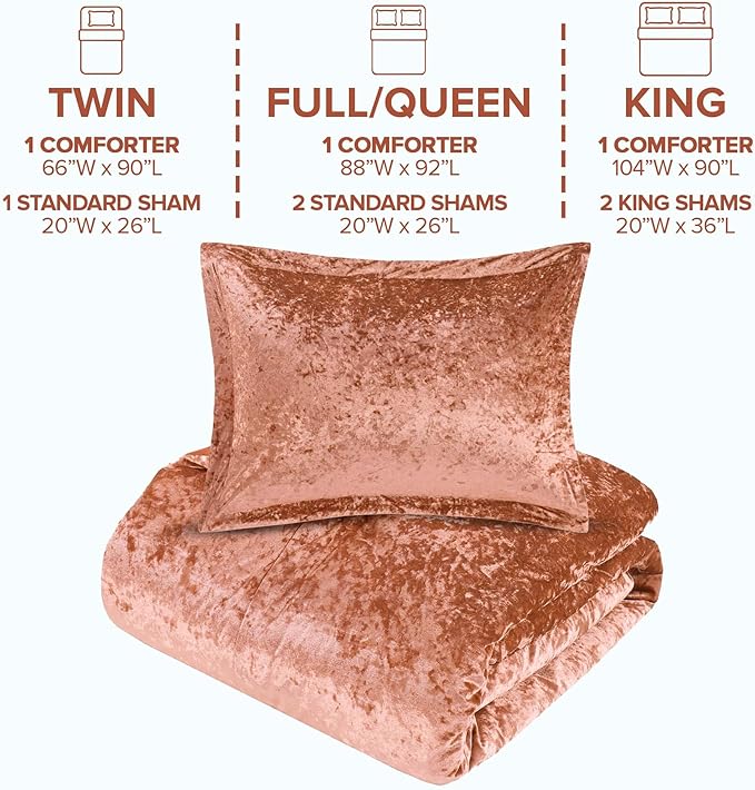 Comfort Spaces Luxe Twin Comforter Set Velvet Comforters for Twin Size Bed, Microfiber Reverse, Juliette, All Season Velvet Bedding Twin Size, Fluffy Bed Set, Sham, Twin/Twin XL, Burnt Orange 2 Piece
