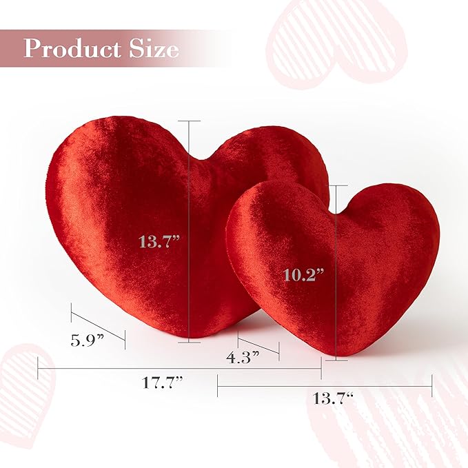 AELS Heart Shaped Pillow, Set of 2, Heart Decorative Throw Pillows, Love Pillows Cute Pillow 20 & 16 Inches, Valentines Day Decorations, Wedding Decor, Living Room Bedroom Nursery Decor, Shiny Red