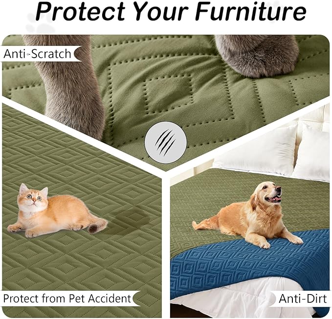 hyha Waterproof Dog Blanket, Soft Pet Bed Blankets, Waterproof Sofa Couch Cover for Dogs Washable, Reversible Pet Couch Covers for Sofa Furniture (52x82 Inch, Green/Navy Blue)