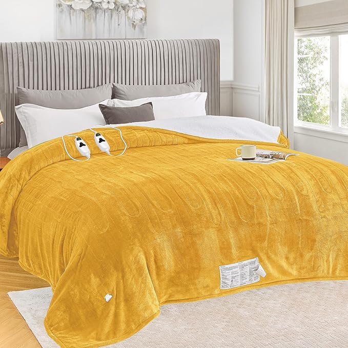 greenoak Heated Blanket Electric King Size 100"X90" Dual Control, Heating Blankets with 10 Levels 8 Hours Auto-Off, Soft Flannel Fluffy House Warming Gifts for Grandma Seniors Mom, Ginger Yellow