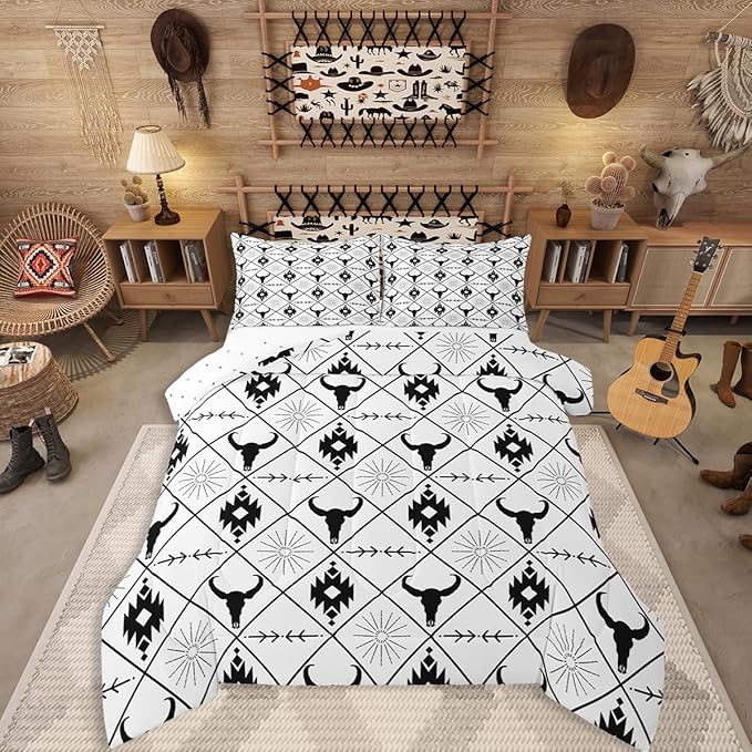 Erosebridal Boys Bull Skull Comforter Set Twin Size, Ethnic Western Horns Bedding Set Teens Tribal Aztec Boho Southwestern Duvet Insert Farmhouse Animal Vintage Quilt, 1 Pillow Case, Black White