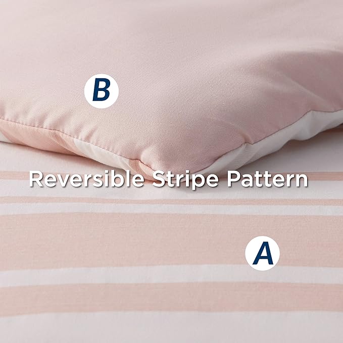 Bedsure Twin Comforter Set 5 Pieces, Light Pink Striped Bedding Set for All Seasons, Reversible, Cationic Dyeing Bed in a Bag with Comforter, Sheets, Pillowcase & Sham