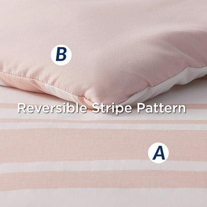 Bedsure Queen Comforter Set 7 Pieces, Light Pink Striped Bedding Set for All Seasons, Reversible, Cationic Dyeing Bed in a Bag with Comforter, Sheets, Pillowcases & Shams