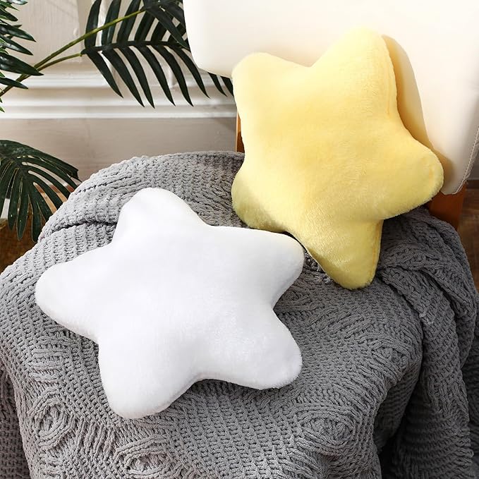 2 Pcs 11 Inch Star Pillow Decorative Star Shaped Throw Pillow Gift Cute Aesthetic Soft Plush Floor Cushions Room Decor for Bedroom Living Room Sofa Bed(Yellow, White)