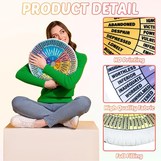 party greeting Wheel of Emotions Feelings Pillow Round Velvet Feelings Wheel Emotion Throw Pillow Circle Seating Floor Cushion for Office Home Room Sofa Decor Counselor Physical Therapist Gifts