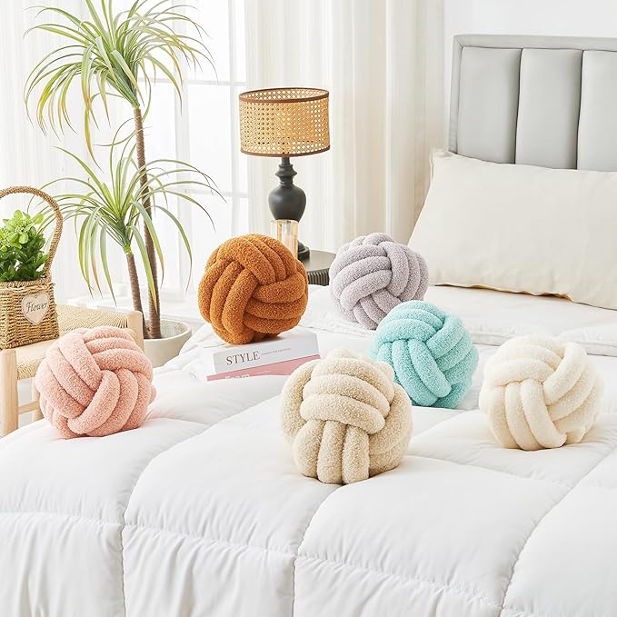 Decorative Throw Knot Pillow Ball for Home Chair Sofa Couch Bed Aesthetic Round Decor Pillows Lambswool Knotted Pillow Cushion (Ivory White, 13 inches)