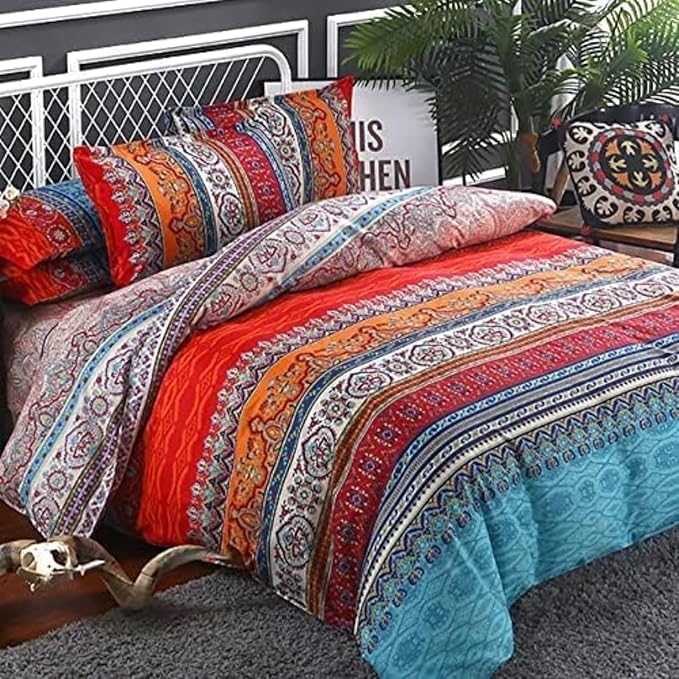 Goodidea Striped Bohemian Comforter Set King Size 3 Pieces Boho Hippie Geometric Bedding Set Soft Breathable Reversible Microfiber Boho Comforter with 2 Pillowcases(20"x36")