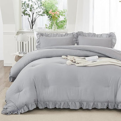Andency Silver Gray Twin Size Comforter, 2 Pieces Farmhouse Classic Chic Ruffle Kids Comforter, Lighteweight Soft Microfiber Bedding Set for Girls