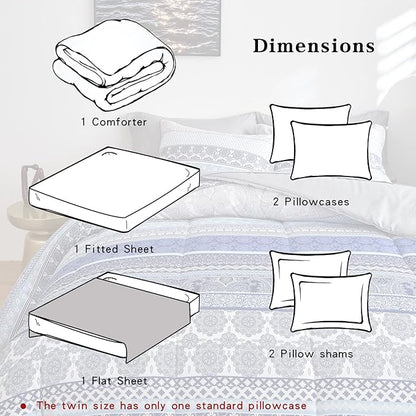Flysheep Bohemian Striped Bed in a Bag 7 Pieces Queen Size, Boho Blue Grey Geometric Pattern Reversible Bed Comforter Set (1 Comforter, 1 Flat Sheet, 1 Fitted Sheet, 2 Pillow Shams, 2 Pillowcases)