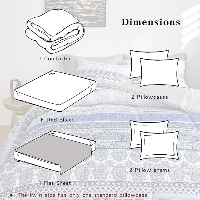 Flysheep Bohemian Striped Bed in a Bag 7 Pieces King Size, Boho Blue Grey Geometric Pattern Reversible Bed Comforter Set (1 Comforter, 1 Flat Sheet, 1 Fitted Sheet, 2 Pillow Shams, 2 Pillowcases)