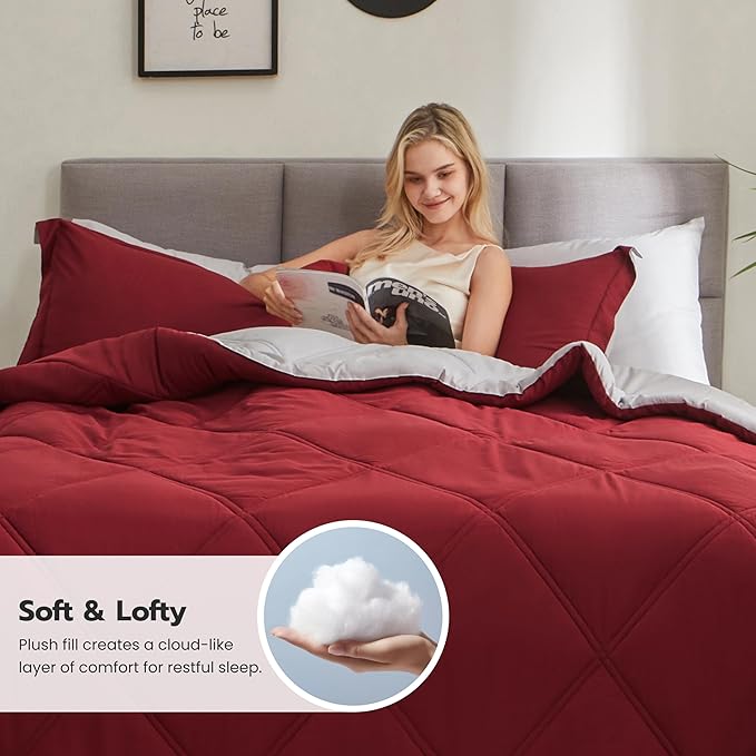 Joiedomi Queen Comforter Set with Sheets Red, 7 Pieces Queen Bed Set with 1 Down Alternative Comforter, 1 Flat Sheet, 1 Fitted Sheet, 2 Pillowcases and 2 Pillow Shams, Bed in a Bag for All Seasons
