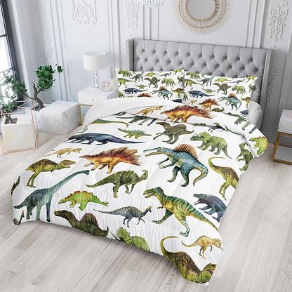 Dinosaur Comforter Sets Twin Size，Dinosaur Printed Quilt Set for Bedroom Soft Microfiber All Season Print Quilt Set with 1 Comforter and 2 Pillow Case