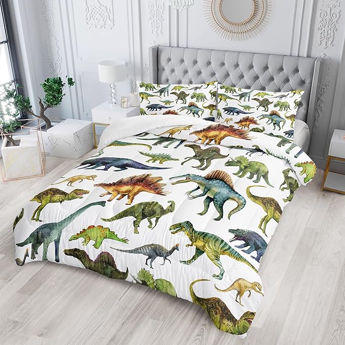 Dinosaur Comforter Sets Full Size，Dinosaur Printed Quilt Set for Bedroom Soft Microfiber All Season Print Quilt Set with 1 Comforter and 2 Pillow Case