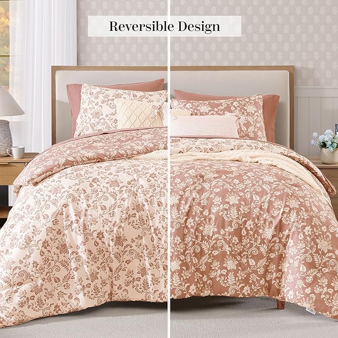 King Comforter Set -7 Pieces Clay Pink Floral Comforter Set for All Seasons, Bed in a Bag King with Botanical Flowers Comforter, Sheets, Pillowcases & Shams